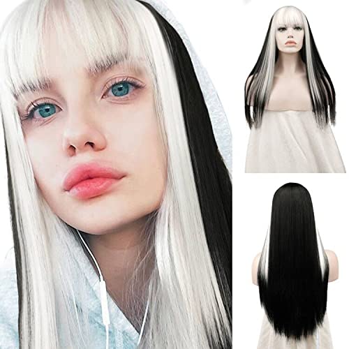 SOFEIYAN Long Straight Wig with Bangs Black with White Strips Synthetic Hair Replacement Wigs Heat Resistant Full Wig for Women Girls 26 inches