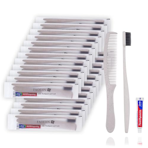 FAOEHN 10 Pack Apricot Disposable Toothbrushes with Toothpaste and Comb Set,10g Toothpaste,7inch Hair Comb,Individually Wrapped Disposable Travel Size Toothbrushes in Bulk for Homeless,Airbnb,Hotel