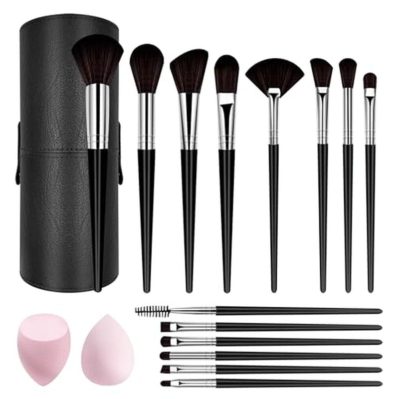 Makeup Brush Set, 14 Pcs Makeup Brushes with 2 Beauty Blenders, Travel Makeup Brush Set for Foundation, Concealer, Blush and Eyeshadow Brush(Black)
