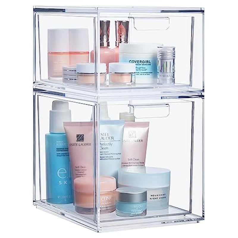 STORi Audrey Stackable Clear Bin Plastic Organizer Drawers | 2 Piece Set | Organize Cosmetics and Beauty Supplies on a Vanity | Made in USA