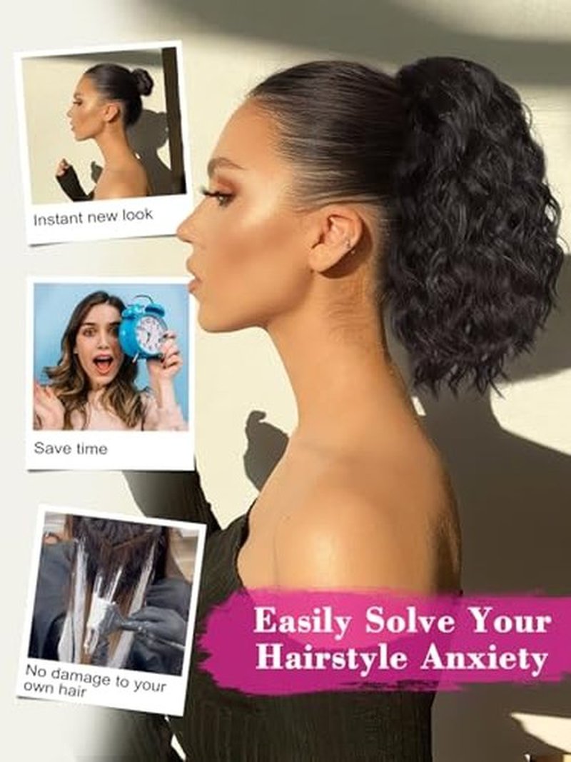 QGZ Black Ponytail Extension 14 Inch Drawstring Ponytail for Women Synthetic Short Curly Wavy Fluffy Clip in Ponytail Hair Extensions for Daily Halloween Use