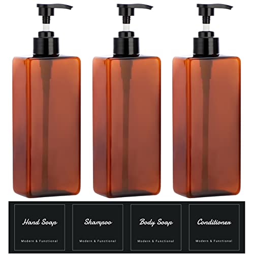 Suream Amber Shampoo and Conditioner Dispenser with Black Plastic Pump, 16.9oz Refillable Shower Bottle for Bathroom, Empty Container for Body Wash, Hand Soap, Lotion, Massage Oil