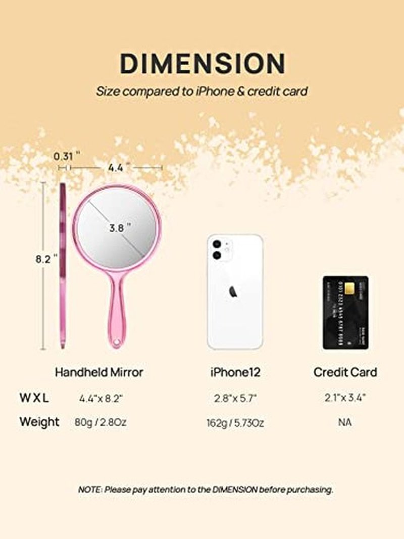 OMIRO Hand Mirror, Double-Sided Handheld Mirror 1X/3X Magnifying Mirror with Handle, Pack of 1 (Transparent Pink)