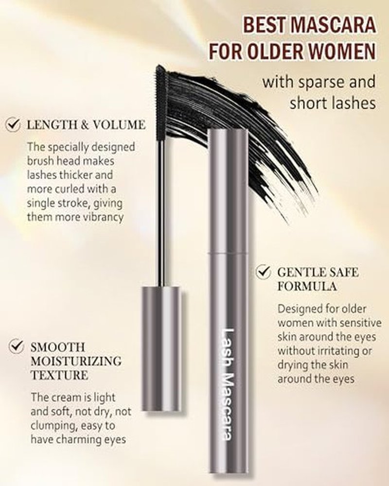 Black Mascara & Eyeliner Set for Older Women 60 Plus, Tubing Mascara Volume and Length, Cream Waterline Eyeliner Gel Pencil, for Thinning Lashes, Sensitive Eyes, Waterproof Smudge Proof Long Lasting