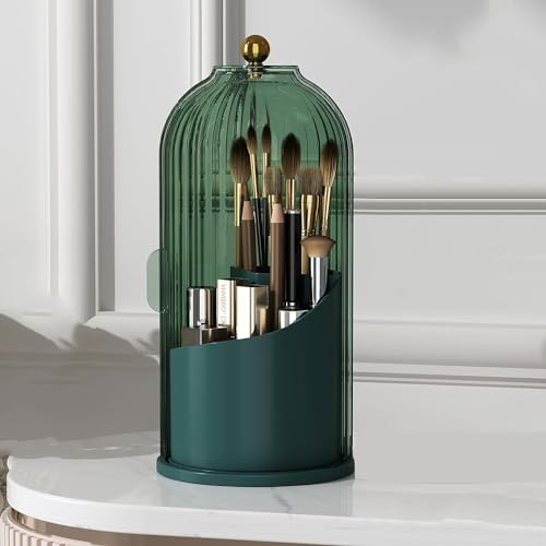 Zufudo Makeup Brush Holder Organizer with Lid 360° Rotating Makeup Organizer Countertop Dustproof Cosmetics Organizer for Vanity Bathroom, All Black