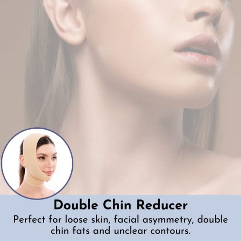 Post Surgery Facial Compression Neck Coverage Chin Strap, V-Shaped Face Slimmer, Jowl Tightening Chin Lifting Double Chin Reducer Band (S/M, Beige)