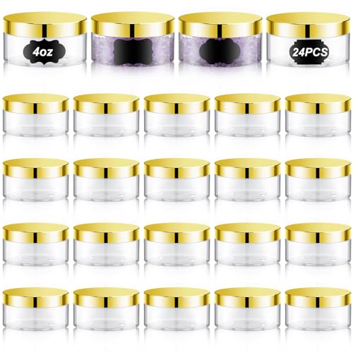 Dandat 24 Pcs Plastic Jars with Lid and Label PET Cosmetic Containers Leak Proof Empty Cosmetic Jars Refillable Storage Travel Jars for Lotion Cream Gel Powder Ointment(Amber,8 oz)