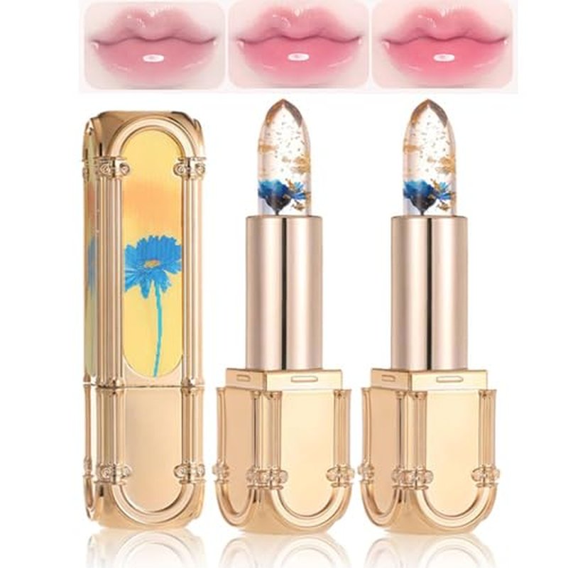 Flower Color Changing Lipstick, 2PCS Yulyoie Lipstick, Yulyoie Lip Gloss, Crystal Jelly Flower Color Changing Lipstick, Long-lasting Moisturizing Flower Jelly Color-Changing Lipstick (Blue*2)