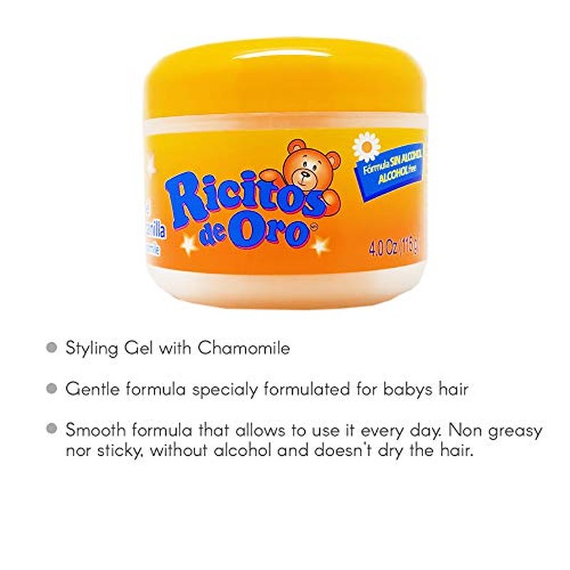 Ricitos de Oro Chamomile Hair Gel, Alcohol-Free, Hairstyling Product for Daily Use, Gentle Gel with Chamomile Extract for Children, Non-Greasy, 3-Pack of 4.05 Oz, 3 Jars