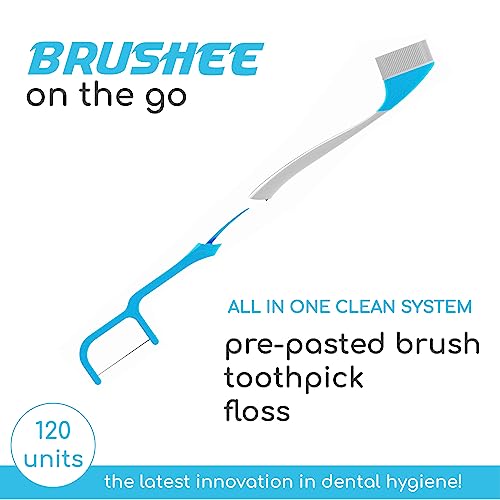 Brushee - The Evolution of Oral Care | 3-in-1 Tool (Pre-Pasted Mini-Brush + Floss + Pick) | Individually Wrapped | Disposable | Prepasted Travel Toothbrushes | Small Adult Toothbrush - (120-Pack)