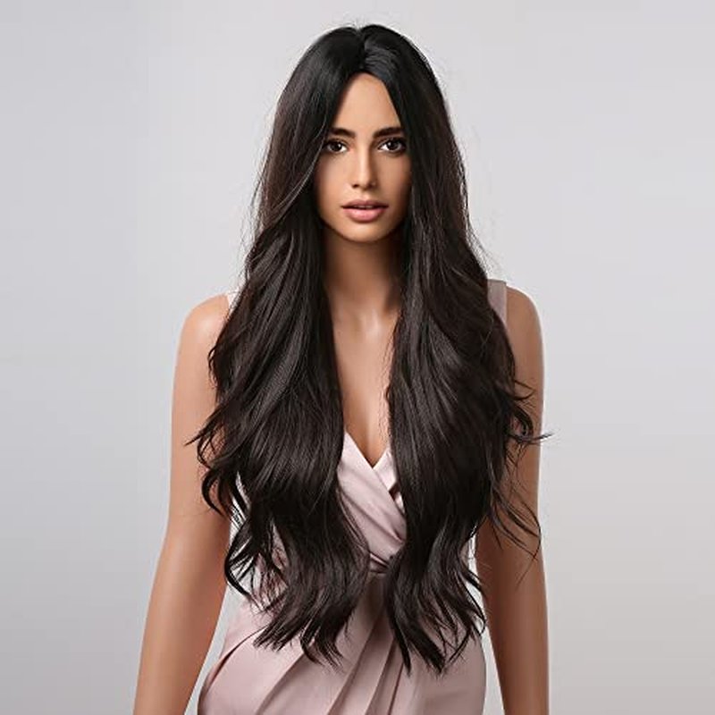 MAGQOO Black Wig for Women Middle Part Long Curly Wavy Black Wig Synthetic Heat Resistant