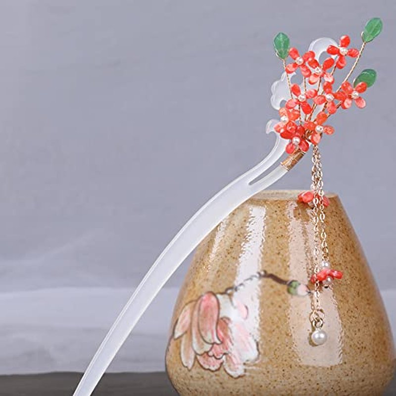 2 Pcs Rabithenn Chinese Cloud Shape Red and Purple Flower Hair Sticks Resin Hair Chopsticks Retro with Tassel Handmade Hairpin for Buns Accessories for Women Girls Long Hair (Black and White)