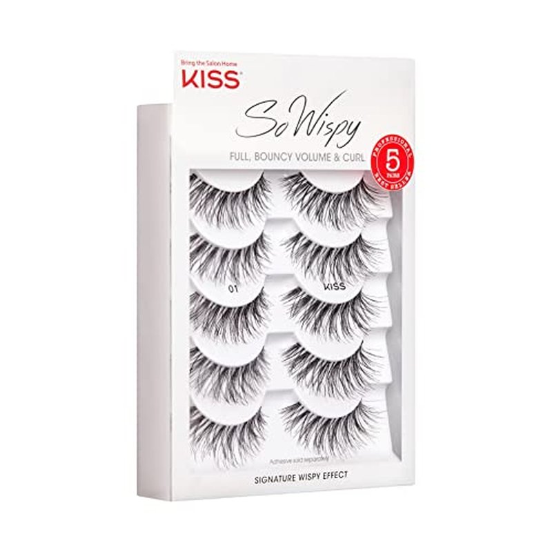 KISS So Wispy, False Eyelashes, 'Style #01', 14 mm, Includes 5 Pairs Of Lashes, Contact Lens Friendly, Easy to Apply, Reusable Strip Lashes, Multipack