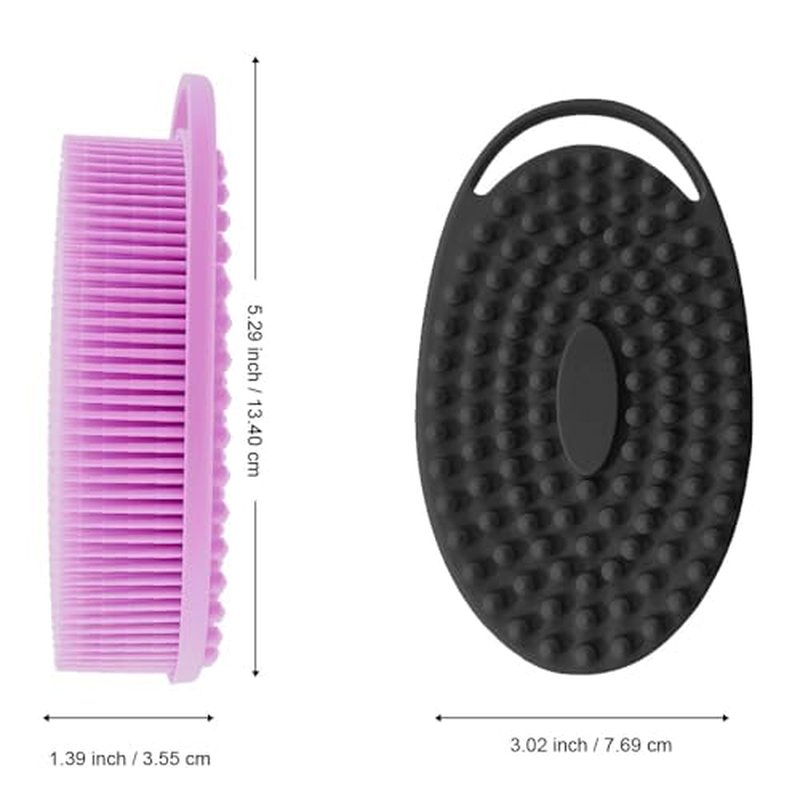 Soft Silicone Body Shower， Exfoliating Silicone Body Scrubber, Silicone Loofah 2 in 1 Bath and Shampoo Brush, Body Scrubber Shower Easy to Clean for Sensitive Skin, Lather Well 2 PCS Black and Purple