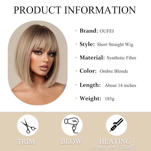 OUFEI Ombre Blonde Bob Wigs for Women Short Straight Wig with Bangs Synthetic Hair Heat Resistant Wigs for Daily Party Cosplay Wear