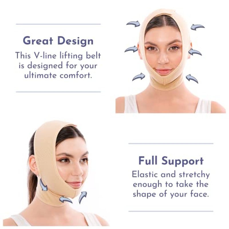 Post Surgery Facial Compression Neck Coverage Chin Strap, V-Shaped Face Slimmer, Jowl Tightening Chin Lifting Double Chin Reducer Band (S/M, Beige)