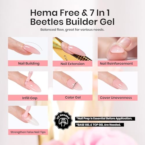Beetles Builder Gel,12 Pcs 5 in 1 Nude Builder Clear Nail Strengthener Extension Gel Nail Pink Jelly Color Hard Gel Builder Extension Gel for Nail Art Gifts