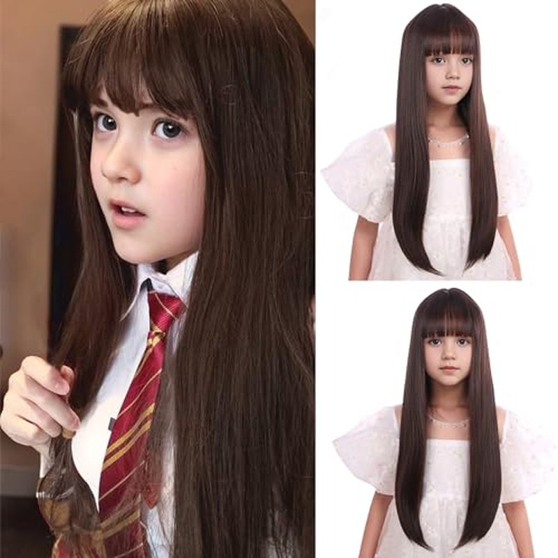 Edivd Brown Wig for Kids Girls Long Brown Wig with Air Bangs Long Brown Straight Wig for Child Heat Resistant Synthetic Wig with Wig Cap