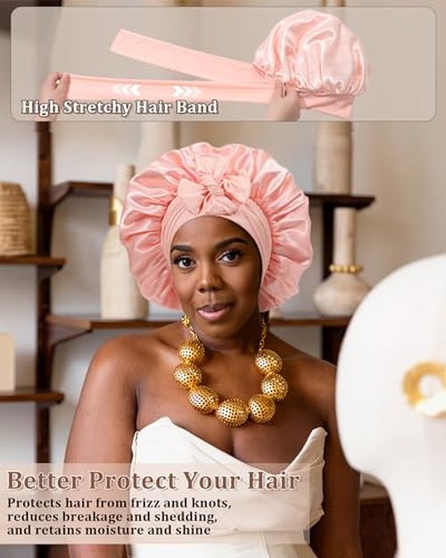 Reversible Satin Bonnet for Sleeping Women Silk Bonnet Double Layer Hair Bonnet with 2PCS Hair Scrunchies Elastic Tie Band Night Cap Hair Wrap for Natural Curly Hair (Apricot Powder+Champagne)