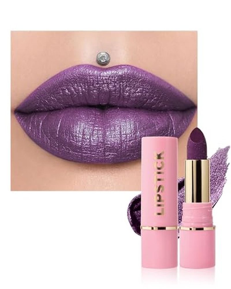 Glitter Metallic Purple Nude Shimmer Lipstick Long Lasting, High Shine Glitter Diamond Creamy Red Lipstick Transfer Proof Non-Stick Lip Gloss Shimmer High Impact Full Coverage Lip Makeup for Women-07