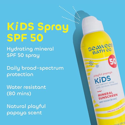Seaweed Bath Co. Kid's on the Move Mineral SPF 50 Broad Spectrum Zinc Oxide Sunscreen Spray, 6 Oz., Water Resistant, Tear Free Children's Sunblock