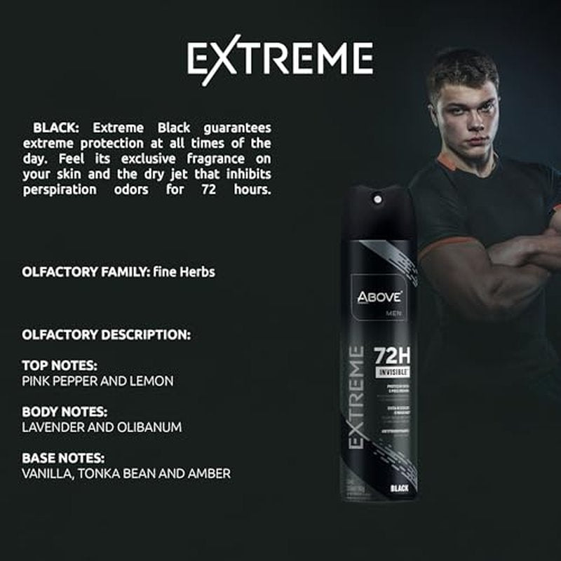 ABOVE Mens Deodorant Antiperspirant, 72 Hours (Extreme Men Black) -Protects Against Sweat & Body Odor - Dry, No Stain & Moisturizing Instant Freshness - Deodorant Spray, Alcohol Free - 3.17 oz