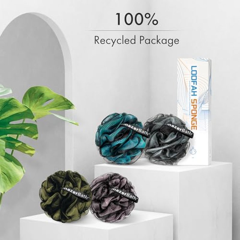 AmazerBath Charcoal Loofah Sponge, Shower Loofah 60g/PCS - Body Scrubber Loofa Set of 4 - Charcoal Blue, Gray, Pink & Army Green, Bath Sponge for Men and Women