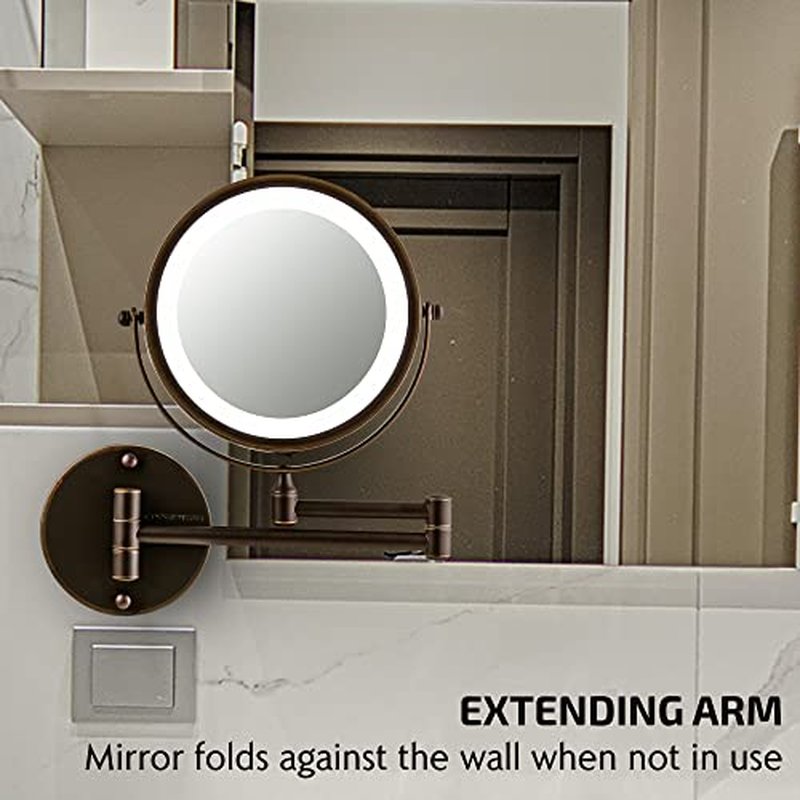 OVENTE 7" Lighted Wall Mount Makeup Mirror with 1X/10X Magnification, Cordless Double Sided Magnifying Round Vanity Mirror, 360° Swivel Design, Extendable and Folding Arm, Nickel Brushed MFW70BR1X10X