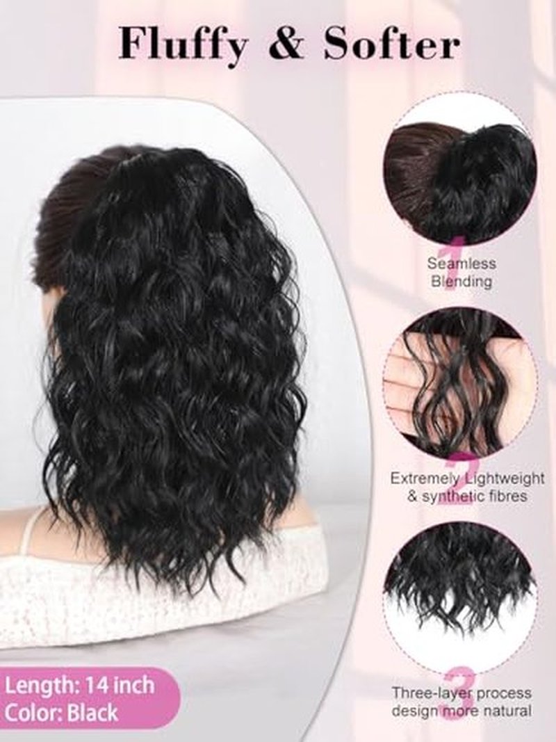 QGZ Black Ponytail Extension 14 Inch Drawstring Ponytail for Women Synthetic Short Curly Wavy Fluffy Clip in Ponytail Hair Extensions for Daily Halloween Use