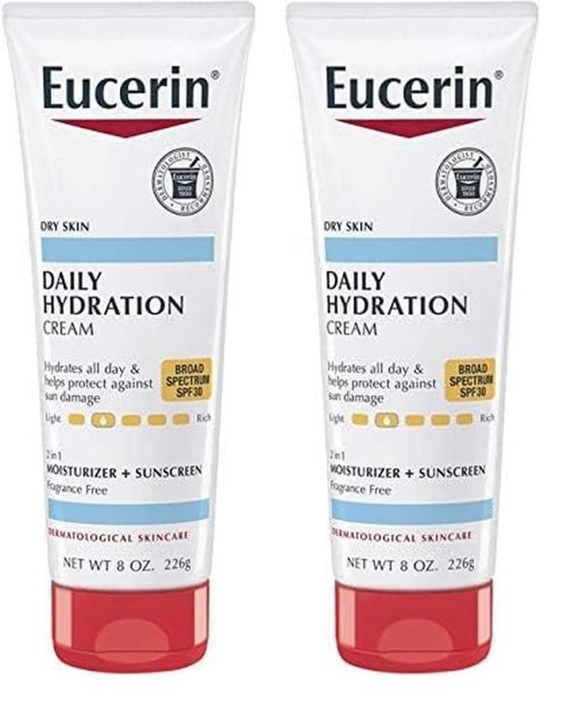 Eucerin Daily Hydration Broad Spectrum SPF 30 Sunscreen Body Cream for Dry Skin, 8 Oz Tube (Pack of 2)