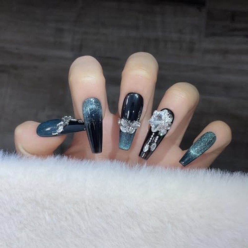 CAMILCY Handmade Nails Press on Almond Shaped Long Pointed Green Crystal Bow Design Hand painted Reusable Gel UV Finished Pre Shaped False Nails for Women 10Pcs 3D Handmade Nails (A013, S)