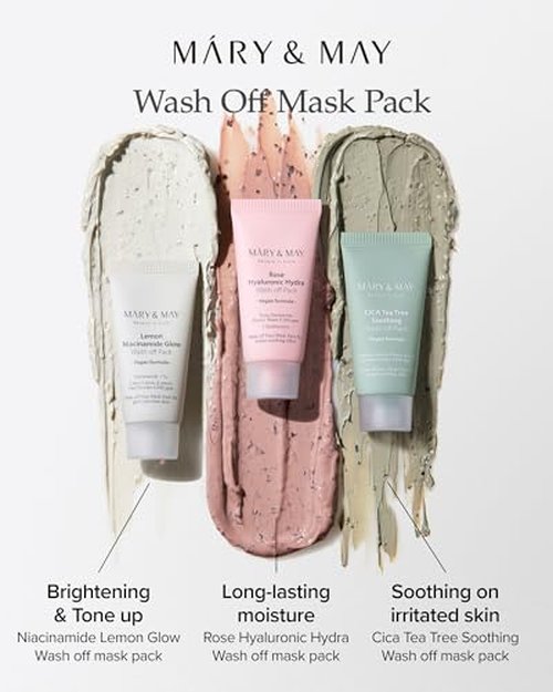 Mary&May Vegan Rose Hyaluronic Hydra Wash Off Mask - Rose Petal and Damask Rose Water Cream Mask for Moisturizing, Exfoliation, and Blackhead Removal - Korean Skincare, 1.01oz.