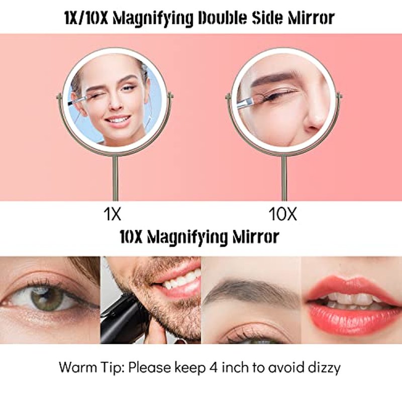 8" Lighted Makeup Mirror with Magnification, 1X/10X Magnifying Lighted Vanity Mirror, Double Sided 360 Swivel USB Rechargeable, 3 Colors Dimmable Lightning Mirror with 52 LEDs Brush Nickle