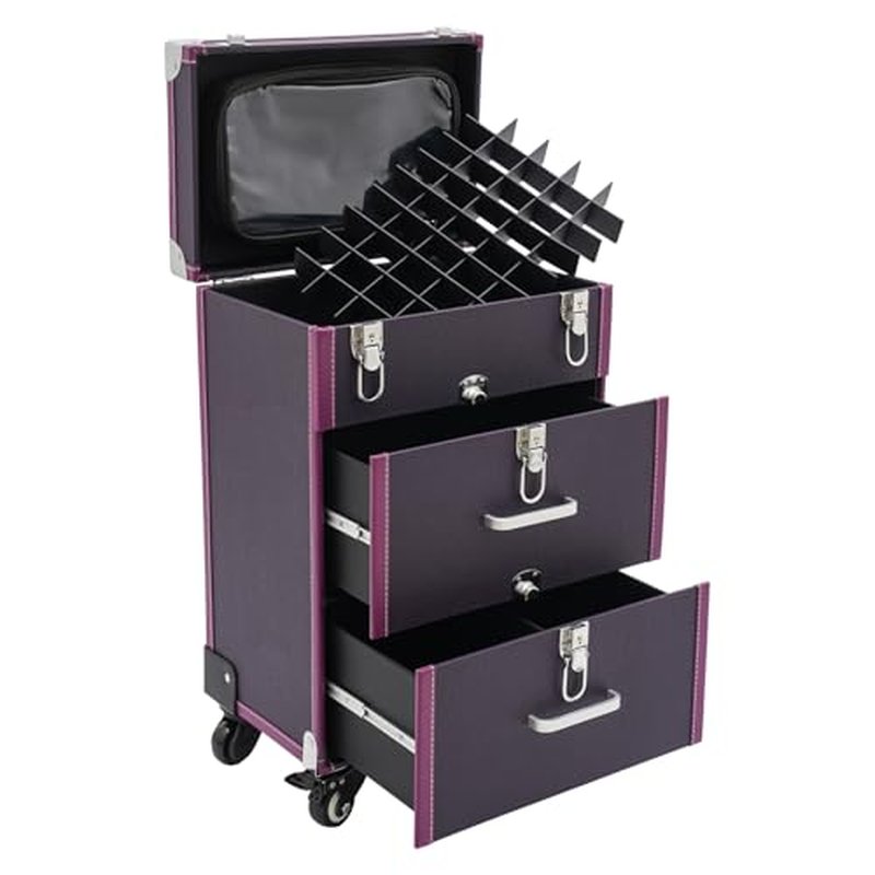 PalaUha Rolling Makeup Train Case Professional Cosmetic Organizer Trolley with Drawers Compartment Nail Case Wheeled Manicure Pedicure Storage Case for Hair Stylists Makeup Artists (Purple & Silver)