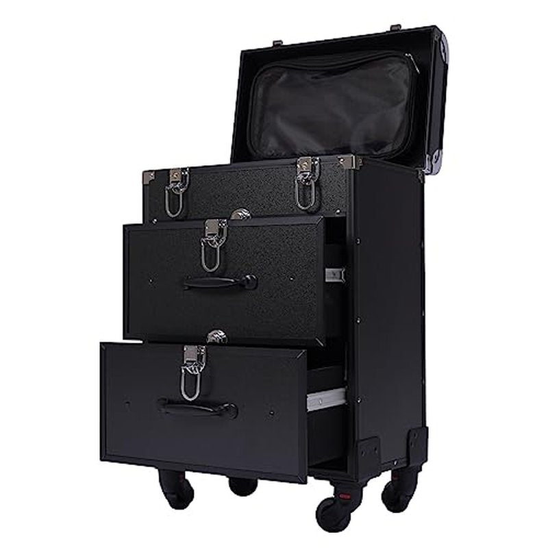 PalaUha Rolling Makeup Train Case Professional Cosmetic Organizer Trolley with Drawers Compartment Nail Case Wheeled Manicure Pedicure Storage Case for Hair Stylists Makeup Artists (Black & Silver A)