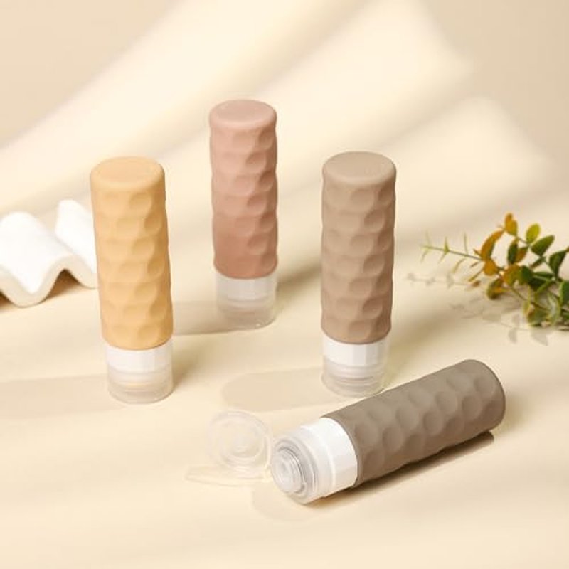 Silevoler Travel Bottles for Toiletries, 4pcs Tsa Approved 3oz Travel Size Containers, BPA Free Leak Proof Premium Silicone Travel Bottles, Refillable Liquid Travel Accessories W/Toiletry Bag（Apricot）