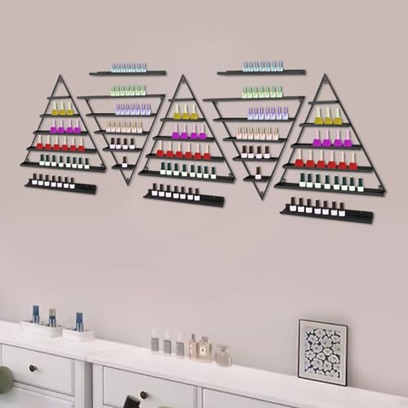 LEYSRIS Wall-Mounted Nail Polish Rack, Set of 10 Triangular Black Nail Polish Shelf Lipstick Perfume Cosmetic Display Shelf for Home Spa Nail Salon Shop