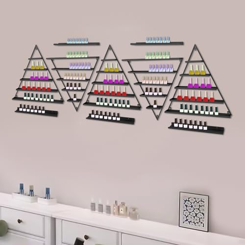 LEYSRIS Wall-Mounted Nail Polish Rack, Set of 10 Triangular Black Nail Polish Shelf Lipstick Perfume Cosmetic Display Shelf for Home Spa Nail Salon Shop