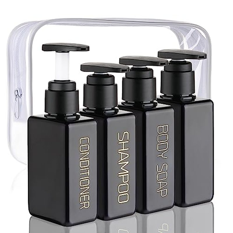 Travel Bottles Travel Accessories Toiletries 4 Pack 3.7oz/110ml Travel Shampoo and Conditioner Bottles Empty Plastic Pump Bottle Dispenser Travel Size Bottles (3labels &1blank Black)