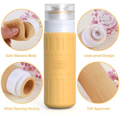 GLAMFIELDS Travel Bottles for Toiletries,TSA Approved 3.3oz Size LeakProof Silicone Toiletry Containers for Shampoo, Conditioner,Easy to Squeeze，Portable Travel Essentials for Lotion(18 Pack) Apricot