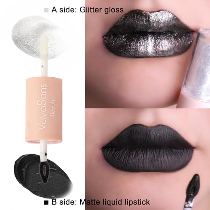 VavaSans Black Matte Liquid Lipstick with Silver Clear Glitter Lip Gloss 2 In 1 Dual Ended Highly Pigmented Long Lasting Non Sticky Transfer Proof High Shine Finish Makeup for Girls and Women
