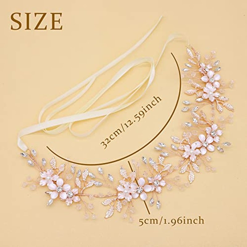 Braveamor Rose Gold Bridal Hair Vine Bohemian Style Wedding Headpiece Crystal Pearl Headband Flower Leaves Halo Wedding Hair Accessories