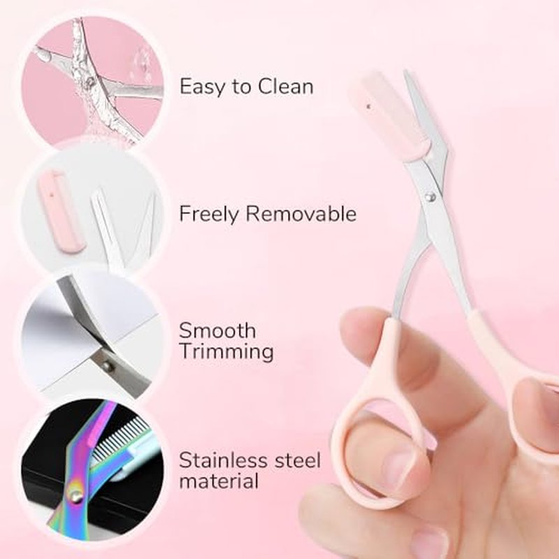 Eyebrow Trimmer Scissors for Women,Non-Slip Stainless Steel Eyebrow Scissors with Comb,2 in 1 Portable Professional Eyebrow Trimmer,Eyebrow Razor Makeup Tool (3 Pcs (Light Pink))