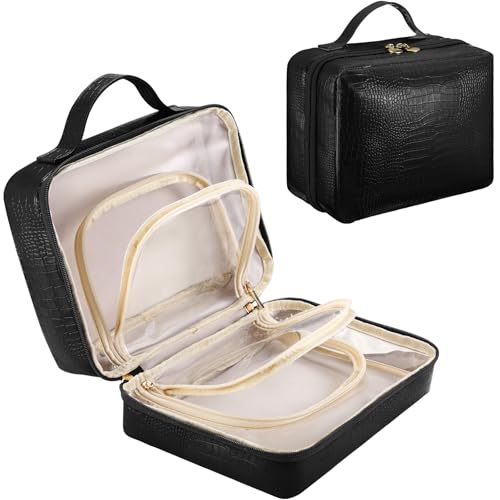 ZQQZAN Travel Makeup Bag - Large Capacity Cosmetic Bag with Makeup Brush Bag, Leather Makeup Travel Case Open Flat Makeup Case, Cute Makeup Organizer Bag for Women Girls, Black