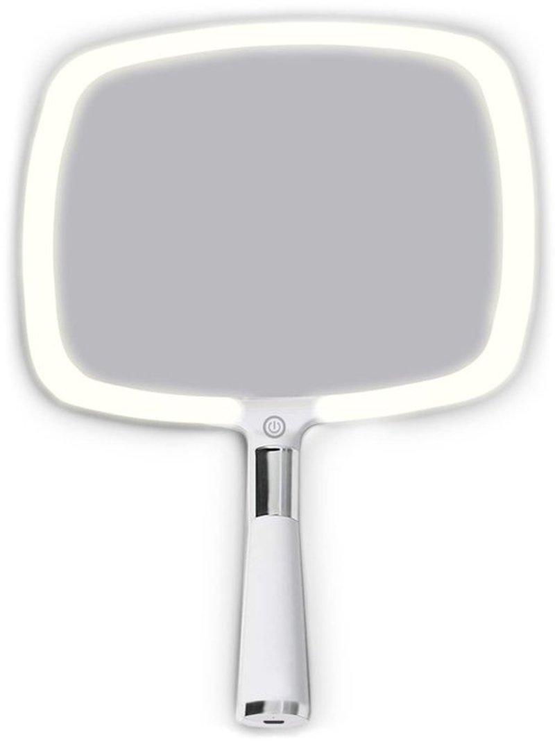 MIRRORVANA® Lighted Travel Hand Mirror with Comfy Handle and Detachable Stand - Portable, Thin and Lightweight Design - Rechargeable with 3 LED Light Settings - 9" x 13" (White)