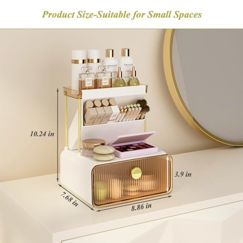 FOLLOWIN Makeup Organizer with Storage Drawer,Cosmetic Display with Lipsticks Brush Holder Perfume Tray,Organize Cosmetics and Beauty Supplies for Vanity,Dresser,Bathroom,Desktop Organizer,Amber
