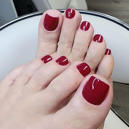 Press on Toenails Short Square Burgundy Fake Toenail Glue ons Glossy Acrylic False Toe Press on Nails Artificial Toe Nail Tips for Women Girls,180Pcs