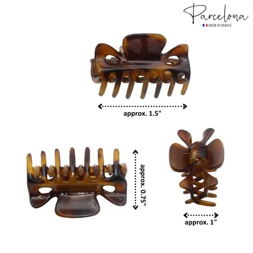 Parcelona French Classic Very Small 1 1/2" Claw Clips with Tight Spring Set of 3 Girls Hair Jaw Claw Clips Durable Styling Women Hair Accessories, Made in France (Savana)