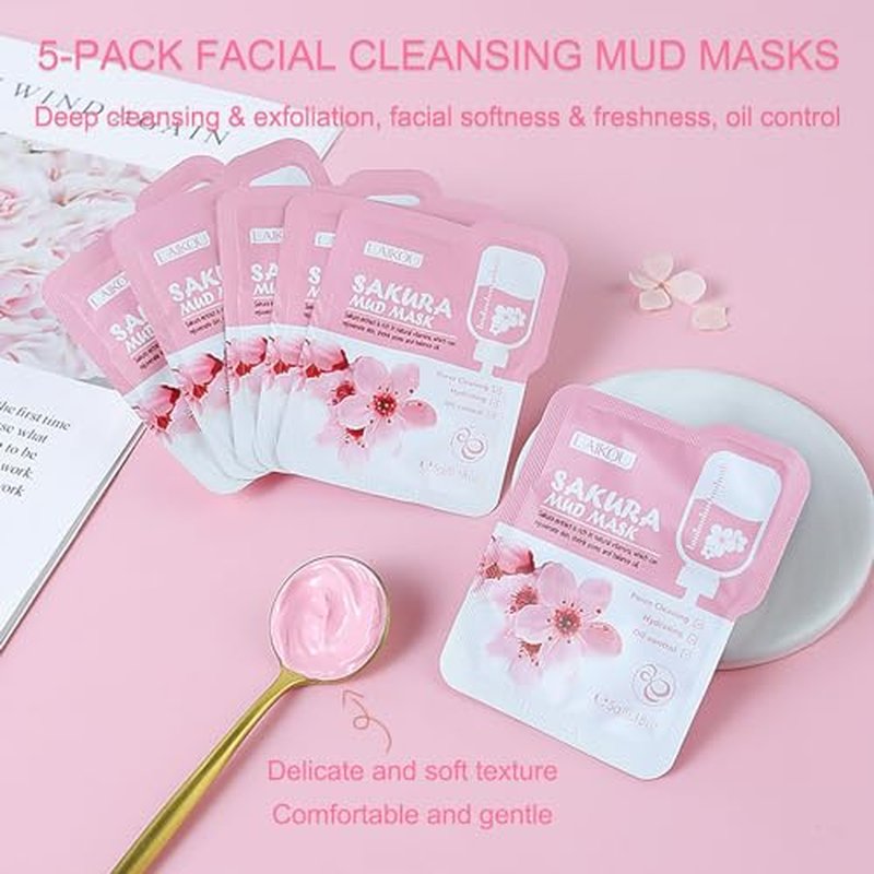 Sakura Skin Care Set Facial Kit, Cherry Blossom Skin Care For Teens, Complete Skin Care Gift Set Cream, Serum, Eye Mask, Lip Mask, 5 Sleeping Mask, 5 Mud Mask, Hydrating Skincare Kit For Teen Girls