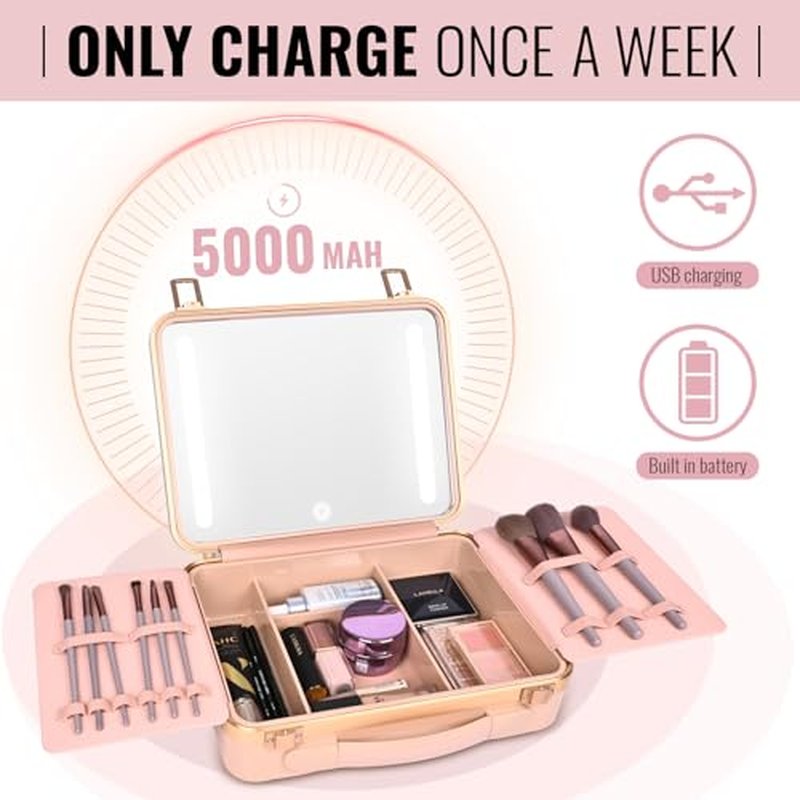 GGV Makeup Case With Lighted Mirror, Makeup Bag With Led Mirror 3 Color Setting Travel Makeup Train Case Adjustable Brightness (Pink)